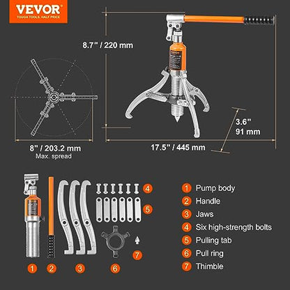 VEVOR Hydraulic Gear Puller, 5 Ton Max Capacity Wheel Bearing Pulling Separator, 2 or 3 Jaws Puller, Vertically and Horizontally, 8" Jaw Hydraulic Puller with Case for Pulling Hubs - style: 5 Ton
