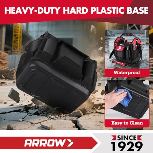 ARROW 12" Tool Tote with Waterproof Hard Base, Electrician Tool Bag | 19 Pockets, 840D Oxford Fabric, Open Top Tool Bag for Plumber Mechanic HVAC Automotive