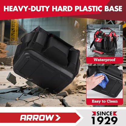 ARROW 12" Tool Tote with Waterproof Hard Base, Electrician Tool Bag | 19 Pockets, 840D Oxford Fabric, Open Top Tool Bag for Plumber Mechanic HVAC Automotive