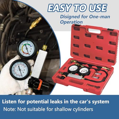 Cylinder Leak Down Tester Kit Compression Leakdown Detector Leakage Test Set for Gasoline Engine Leak Detection Tester Kit Dual Pressure Gauges(Red) - color: Red