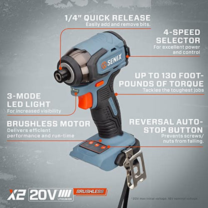 SENIX X2 20 Volt Max* 2-Piece Cordless Power Tool Kit with Battery Powered 1/2-Inch Drill Driver and 1/4-Inch Impact Driver, Includes Storage Bag, 2 2.0 Ah Batteries & Charger (S2K2B2-01) - style: Drill Driver and Impact Driver