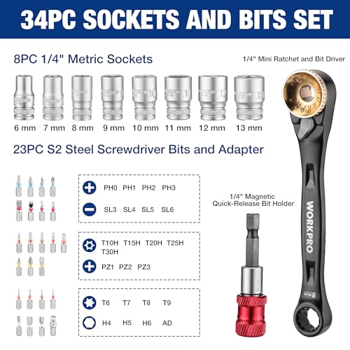 WORKPRO 1/4" Mini Ratchet Wrench Set with Magnetic Bit Holder, Screwdriver Bit Set, S2 Steel, Metric Shallow Socket (6-13mm), 72-Tooth, Right Angle Screwdriver, with Storage Case for DIY, Auto Repair | Mini Ratchet Wrench 1/4" Double Head 3-in-1 S2 Steel