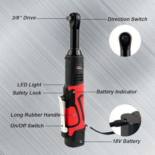 Extended 18V Cordless Electric Ratchet Wrench Set 3/8" Drive 450RPM 60 ft-lbs Power Ratchet Tool Kit with 1/4" Socket Adapter, 7pcs Socket, Charger and 2pcs 1.5Ah Lithium-Ion Batteries