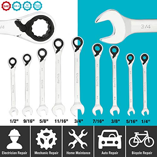 DURATECH Reversible Ratcheting Combination Wrench Set, SAE, 9-Piece, Open end Spanner with Rolling Pouch, 1/4'' to 3/4", 12 Point, CR-V Steel - size: Sae