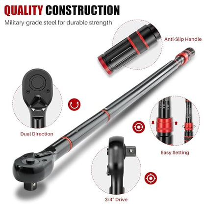 3/4" Drive Click Torque Wrench-150-1000Ft.Lb for Truck,HD Vehicles | Adjustable Inch Pound Torque Wrench(203-1355Nm), 48T Dual-Direction 3% Precision for Tractor Heavy Equipment Farms RV - size: 3/4"DR. 150~1000 FT-LB