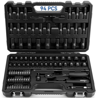 DISEN 94 PCS 1/4" Drive Impact Socket Set | Shallow & Deep Socket SAE(5/32"-9/16") & Metric(4-15mm), Torx Screwdriver Bit Set, CRV, Automotive Repair - style: 1/4" 94PCS