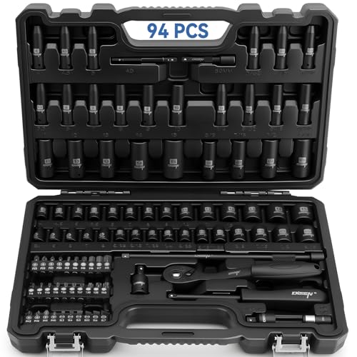 DISEN 94 PCS 1/4" Drive Impact Socket Set | Shallow & Deep Socket SAE(5/32"-9/16") & Metric(4-15mm), Torx Screwdriver Bit Set, CRV, Automotive Repair - style: 1/4" 94PCS