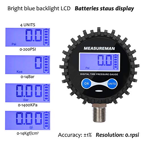 MEASUREMAN 2-1/2" Dial Size Digital Air Pressure Gauge with 1/4'' NPT Bottom Connector and Protective Boot, 0-200psi, Accuracy 1%, Battery Powered, with LED Light (Pack of 2) - size: Long thread (Pack of 2), style: 0-200psi