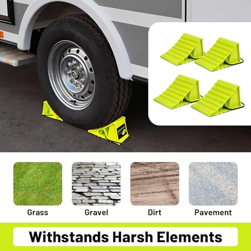 ROBLOCK 4 Pairs Wheel Chocks for Travel Trailers, Non Slip Base Heavy Duty Green Camper Wheel Chockwith Rope, Lightweight Wheel Stoppers for Cars, Camper Trucks, RVs, Easy to Carry, Green