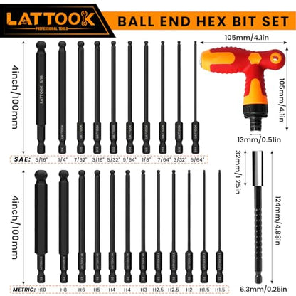 Ball End Hex Head Allen Wrench Drill Bit Set with Ratcheting T Handle Bit Driver, LATTOOK 22PCS Metric & SAE Ball End Hex Allen Key Bit Set, S2 Steel, 4'' Long - style: 22PCS Ball Hex Bits+T Handle