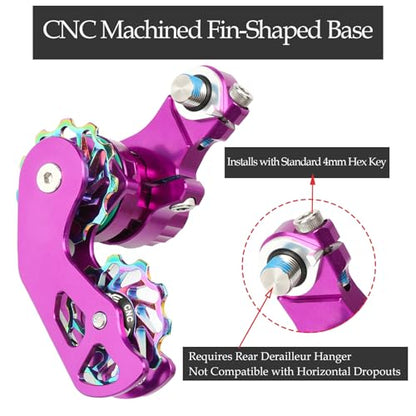 Single Speed Chain Tensioner Kit, CNC Aluminum Adjuster with 11T Pulley | Fits derailleur hanger frames for single speed conversions. 11T pulley with ceramic bearing for MTB, BMX & DJ bikes. - color: Purple
