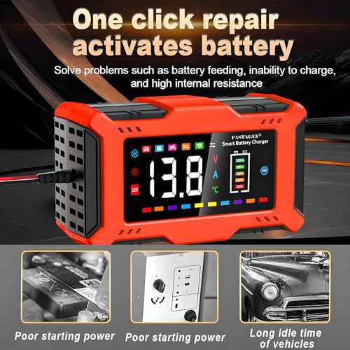 LiFePO4/Lead Acid Battery Charger Smart Battery Trickle Charger 12V 6A Automotive Battery Maintainer Desulfator Temp Compensation for Car Truck Motorcycle Lawn Mower Marine RV