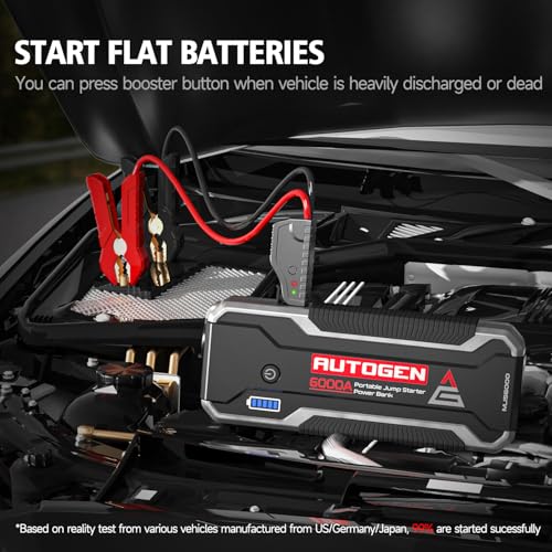 Car Jump Starter 6000A, AUTOGEN Portable Battery Jumper Starter All Gas and 10.0L Diesel Engine, Jump Start Battery Pack and Jump Box with 12V DC Output and EVA Case