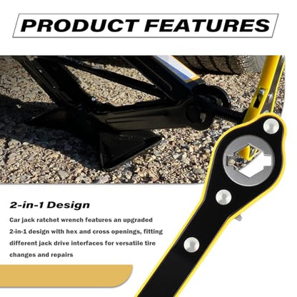 2 in 1 Car Jack Ratchet Wrench with Hexagonal & Cross,Labor-Saving 360° Swivel Scissor Jack Handle with Longer Handle,Portable Car Tire Wheel Lug Wrench Automotive Tools