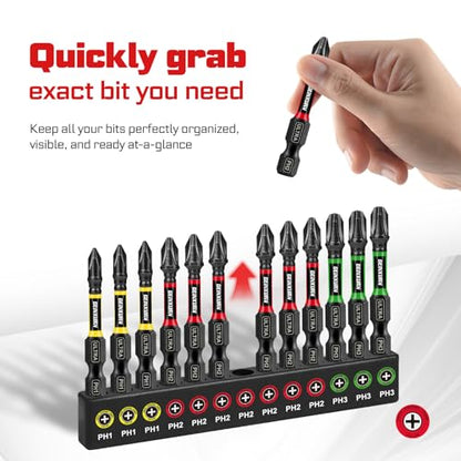 Geinxurn 52pcs Impact #1#2#3 Phillips Screwdriver Bits Set, 1” 2” 3” 6” (PH1/PH2/PH3) Magnetic S2 Steel Cross Driver Bits Set and 1pc Impact Bit Holder with Color Coded Base - size: 53pcs-Mix-PH