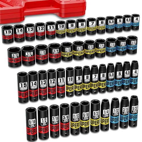 50 Piece 1/4" Drive Impact Socket Set, SAE (5/32" - 9/16") & Metric (4 mm - 15 mm), Deep and Shallow Sockets, Auto Repair Bicycle Maintenance and Furniture Assembly - size: 1/4" Metric & SAE