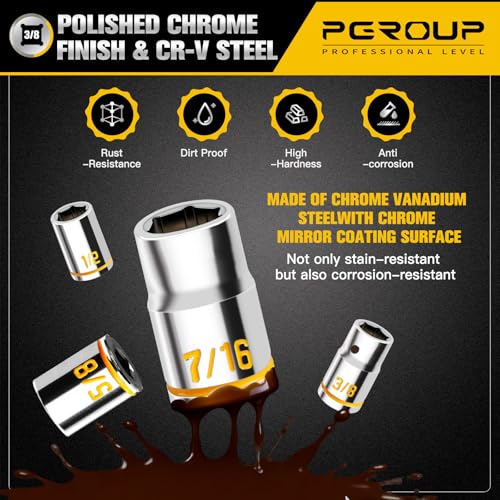 10 PCS 3/8-Inch Drive Shallow Socket Set, Standard SAE, 5/16"- 7/8", 6 Point, Embossed and Painted Marking, Mirror Chrome Finish,Cr-V Steel With Rail - size: SAE (5/16"-7/8")