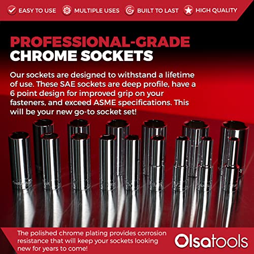 Olsa Tools SAE Deep Socket Set - 1/2-Inch Drive, 18pc - 6-Point Chrome Sockets from 3/8" to 1-1/4" and No Skipped Sizes - Mechanic Deep SAE Socket Set - Professional Grade Long Sockets - Part: 1319 - color: Sae Deep, size: 15pc, 1/2-Inch Drive