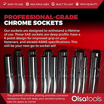 Olsa Tools SAE Deep Socket Set - 1/2-Inch Drive, 18pc - 6-Point Chrome Sockets from 3/8" to 1-1/4" and No Skipped Sizes - Mechanic Deep SAE Socket Set - Professional Grade Long Sockets - Part: 1319 - color: Sae Deep, size: 15pc, 1/2-Inch Drive