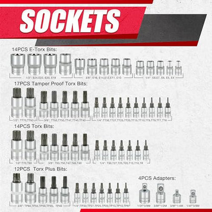 EACELIY 64PCS 1/4,3/8&1/2” Master Torx Bit Socket Set and External Torx Socket Set,E4-E24,T6-T70,TT6-TT70,TP8-TP60,Adapters,S2 and Cr-V Steel - size: 64PCS