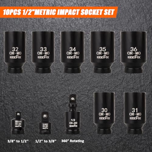 1/2" Impact Axle Nut Socket Set 10 Pieces, Drive Deep CR-MO 6 Point 30,31,32,33,34,35,36mm Metric Socket, with 3/8" - 1/2" Socket Adapter Set, Universal Joint Socket - size: 30-36mm, style: 1/2”Socket Set