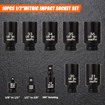 1/2" Impact Axle Nut Socket Set 10 Pieces, Drive Deep CR-MO 6 Point 30,31,32,33,34,35,36mm Metric Socket, with 3/8" - 1/2" Socket Adapter Set, Universal Joint Socket - size: 30-36mm, style: 1/2”Socket Set