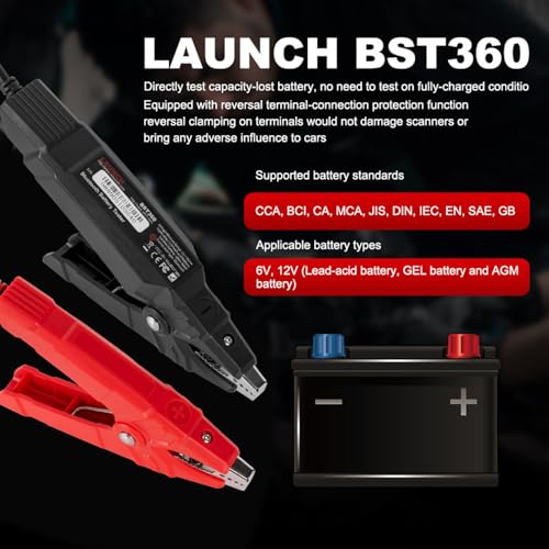 LAUNCH BST360 Bluetooth Car Battery Tester- 6V/12V Load Tester for CCA, AGM, Gel, Charging Cranking System Tester for Cars,Trucks, RVs, Motorcycles, Compatible with LAUNCH Scanner/Android/iPhone App