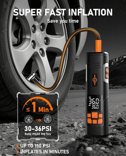 150PSI Tire Inflator Portable Air Compressor, Cordless Bike Pump | Fast Inflation, Digital Pressure Gauge, LED Light, Auto Shutoff, One-Click Start, for Car, Motorcycle, Bicycle, Ball