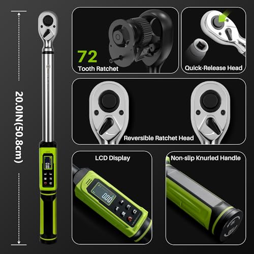 Digital Torque Wrench 1/2" Drive-2.2-147.5Ft.Lb for Car Motorcycle | Electronic Torque Wrench(3-200N.m),Vibration Buzzer LED Indicator,±2% Accuracy 5 Units for Bike Auto Truck Repair DIY - size: 1/2" 2.2-147.5Ft.Lb