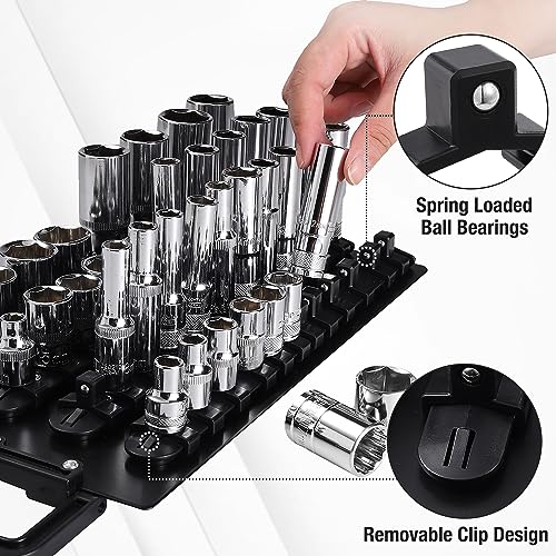 ALOANES 96-Piece Portable Socket Organizer Steel Tray, Socket Holders with Portable Handle, Heavy Duty Socket Holder Kit, 1/2-inch x 28 Clips, 3/8-inch x 36 Clips, 1/4-inch x 32 Clips(Black)