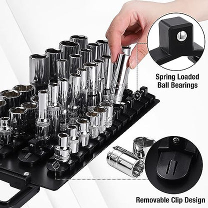 ALOANES 96-Piece Portable Socket Organizer Steel Tray, Socket Holders with Portable Handle, Heavy Duty Socket Holder Kit, 1/2-inch x 28 Clips, 3/8-inch x 36 Clips, 1/4-inch x 32 Clips(Black)