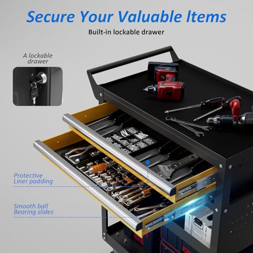 5-Tier Heavy Duty Tool Cart, 400 lbs Capacity Steel Rolling Cart with 2 Lockable Drawers and Pegboard for Garage Workshop Mechanic - size: 5-LAYER (TWO DRAWERS)