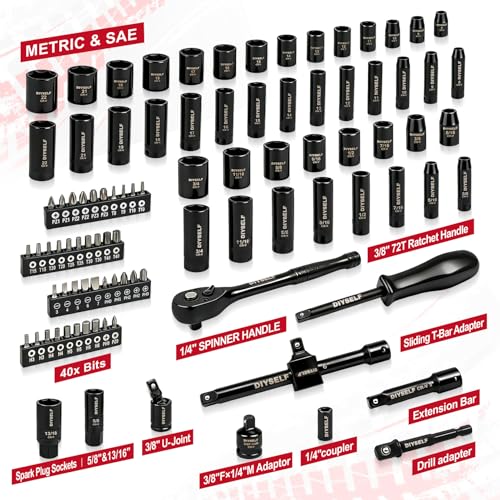 DIYSELF 95PCS 3/8" Drive Socket Set, 6-Point Metric & SAE Impact Socket Set | Laser-Etched Size Markings, Cr-V Steel Ratchet Set for Fasteners, Spark Plug Socket for Auto Repair, Garages and Mechanics