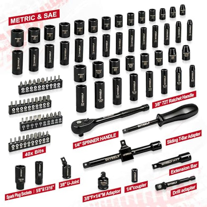 DIYSELF 95PCS 3/8" Drive Socket Set, 6-Point Metric & SAE Impact Socket Set | Laser-Etched Size Markings, Cr-V Steel Ratchet Set for Fasteners, Spark Plug Socket for Auto Repair, Garages and Mechanics