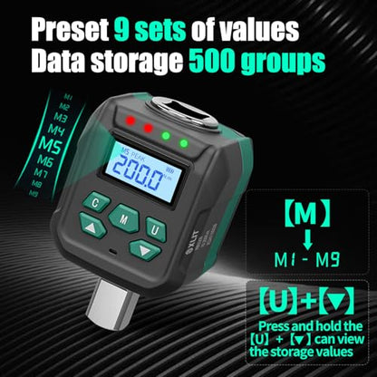 1/2" Digital Torque Wrench Adapter 4.4-147.5 ft-lb (6-200 Nm) | ±2% Accuracy, with 1/4"&3/8" Adapters, Buzzer & LED Alerts, Working with Ratchet Wrench, Breaker Bar