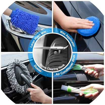 28Pcs Car Detailing Kit Wash Cleaning Kits with Pump Foam Sprayer Windshield Cleaning Tool Wash Brush Large Wash Mitt Towels Complete Interior Exterior Car Detailing Supply Set Blue - size: 28Pcs