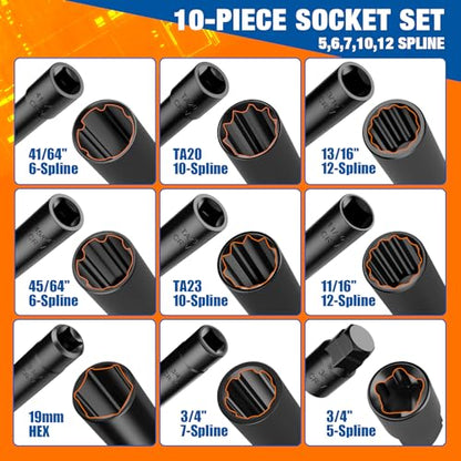 Dynofit Spline Lug Nuts Socket Set (10Pcs) with 1/2" Drive Impact Square End for Spline & Hex Wheel Lock Removal - Fits 5,6,7,10,12 Point Tuner Lug Nuts