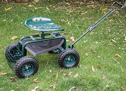 Kinfant Rolling Garden Cart Scooter Stool - Garden Cart with Wheels & Seat Rolling Stool Gardening Cart, Adjustable Handle 360 Degree Swivel (Green) - color: Dark Green