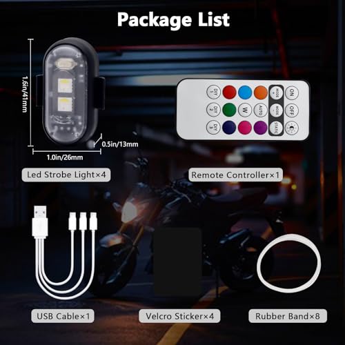 LECART 4 Pcs Magnetic Led Strobe Lights with Remote Control 8 Colors Wireless Led Anti Collision Lights Rechargeable Emergency Strobe Warning Flashing Lights for Cars Motorcycle Bike Drone Scooter