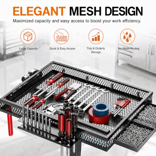 Rolling Tool Cart with Wheels, Metal Work Table Tool Organizer | Mechanic Cart with Side Tool Slots & Mesh Tray, Ideal for Garage & Workshop