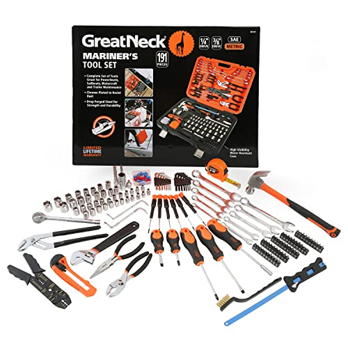 GreatNeck 191-Pc Mariner's Tool Set, Boat Tool Kit for Maintenance | Chrome Plated Rust Resistant, Drop Forged Steel, Storage Case with Moisture Seal, Socket Set, Combo Wrenches, Screwdrivers - style: 191-piece