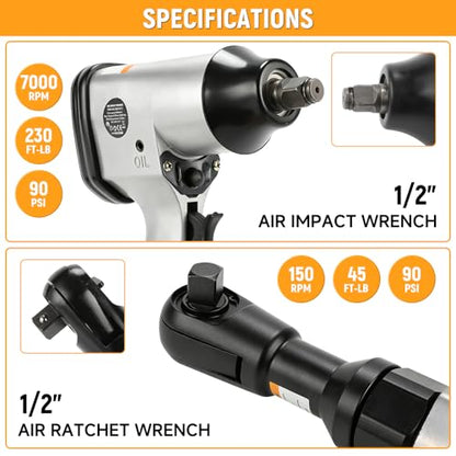 Hoteche 17-Piece Air Tool Kit, 1/2" Air Impact Wrench & Air Ratchet Wrench Combo Set, Pneumatic Tool Kit with Carrying Case and Impact Socket Set (9-27mm) for Automotive Repair & Maintenance
