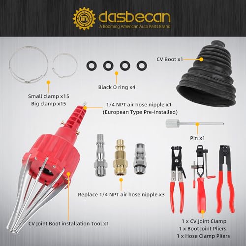 Dasbecan Upgraded Pneumatic CV Boot Expander Tool, CV Boot Clamp Tool Kit | Universal CV Axle Boot Spreader with 3 CV Joint Boot Clamp Pliers , 1 Boot, 15 Clamps and 4 1/4" NPT Air Hose Nipple - color: Red, size: Pro Kit (3 Pliers + 1 Boot + 15 Clamps)