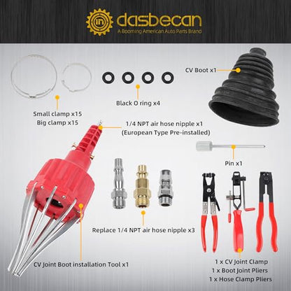 Dasbecan Upgraded Pneumatic CV Boot Expander Tool, CV Boot Clamp Tool Kit | Universal CV Axle Boot Spreader with 3 CV Joint Boot Clamp Pliers , 1 Boot, 15 Clamps and 4 1/4" NPT Air Hose Nipple - color: Red, size: Pro Kit (3 Pliers + 1 Boot + 15 Clamps)