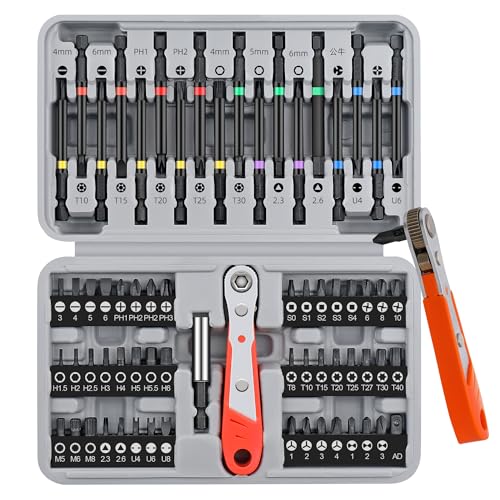 Hi-Spec 68pc Long Extended Screw Driver Bits and Mini Ratchet Wrench Handle Set. DIY Accessories Kit of 25 and 75mm Hex Shank Screwdriving Bits for Drill Drivers - size: 68 PCS