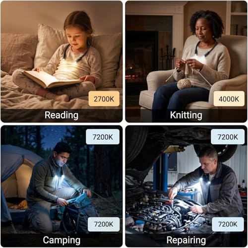 YEELIGHT Book Light for Reading at Night, 3-Color & 4-Brightness Reading Light, Rechargeable 1000mAh USB-C Neck Light, Ultra-Lightweight 110g Hands Free for Bed, Knitting, Repairing