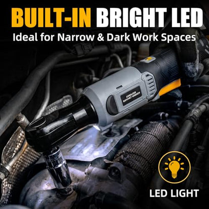 3/8" Cordless Ratchet Wrench Compatible With DEWALT 20V MAX Battery(Tool Only), 89Ft-Lbs(120N.m), Electric Ratchet Wrench Set with Variable Speed, LED Light, 5 Sockets, 3" Extension Bar, 1/2" Adapter