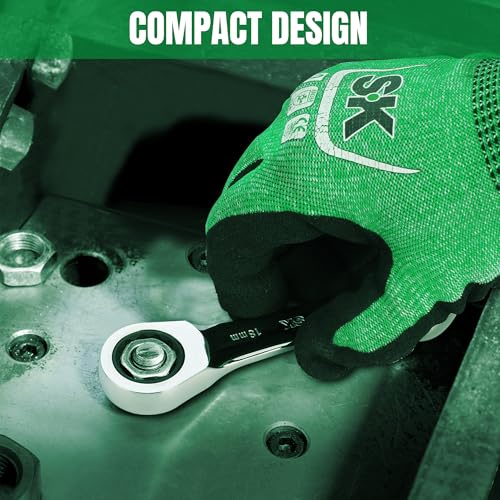 SK Stubby Ratcheting Wrench Set, Combination Wrench Set, 7-Piece, Metric, 72-Tooth, CR-V Steel, with Rolling Pouch - size: Metric