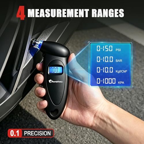 Digital Tire Pressure Gauge,Accurate Cars Air Gauge 150 PSI,Black | 0-150PSI Calibrated,Accurate in 0.1 Increments,4 Measurement Units,Backlight LCD&Nozzle Light,for Everyday Vehicles - color: Black(1PK), size: 1 Pack