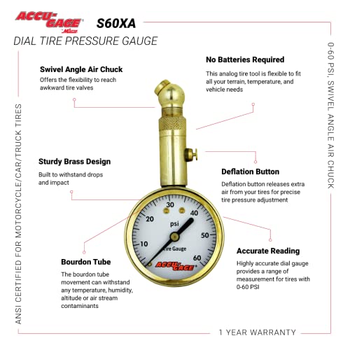 Accu-Gage by Milton Dial Tire Pressure Gauge with Swivel Angle Air Chuck - ANSI Certified for Motorcycle/Car/Truck Tires (0-60 PSI)